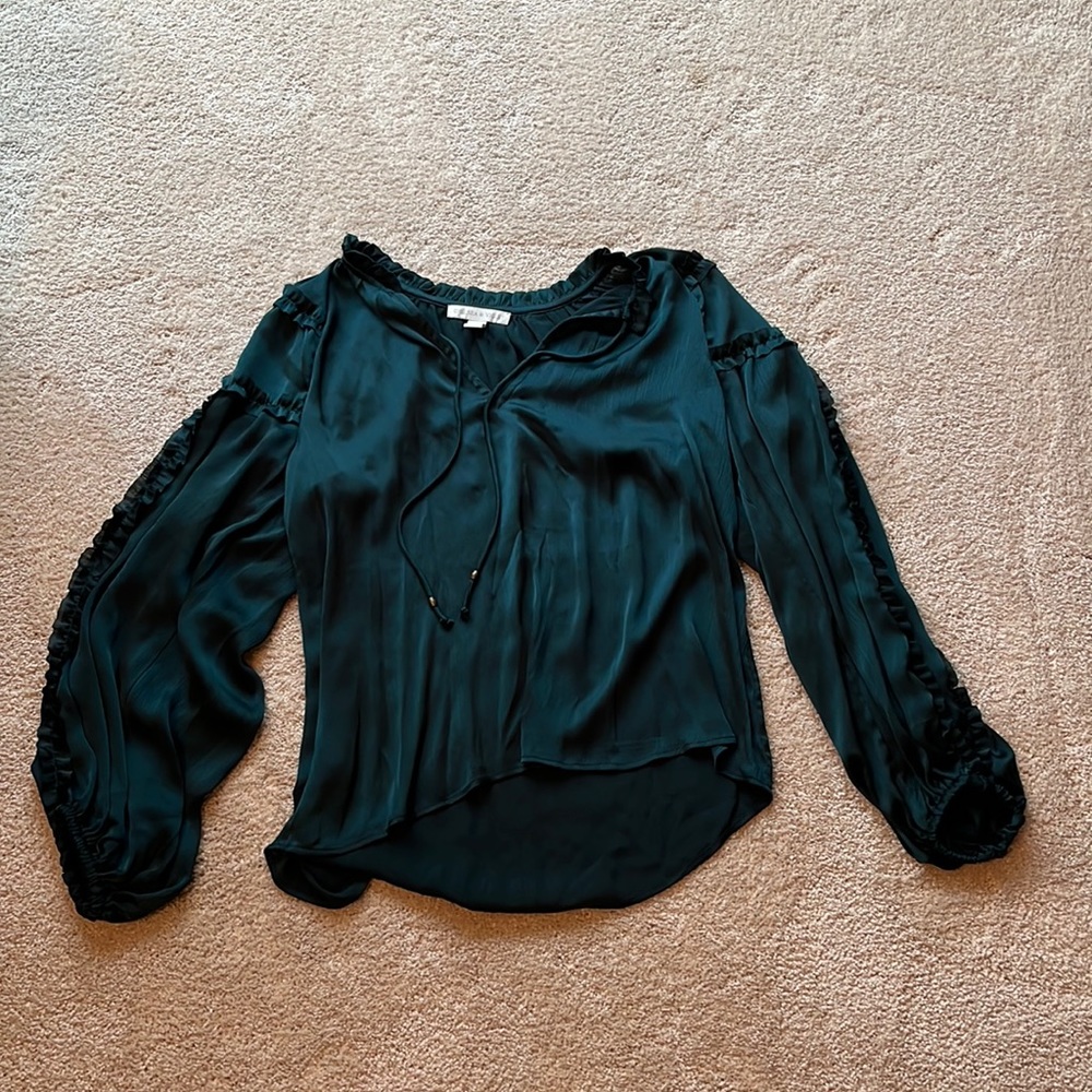 Chelsea and Violet Plisse Ruffle Split V-Neck Long Balloon Sleeve Blouse